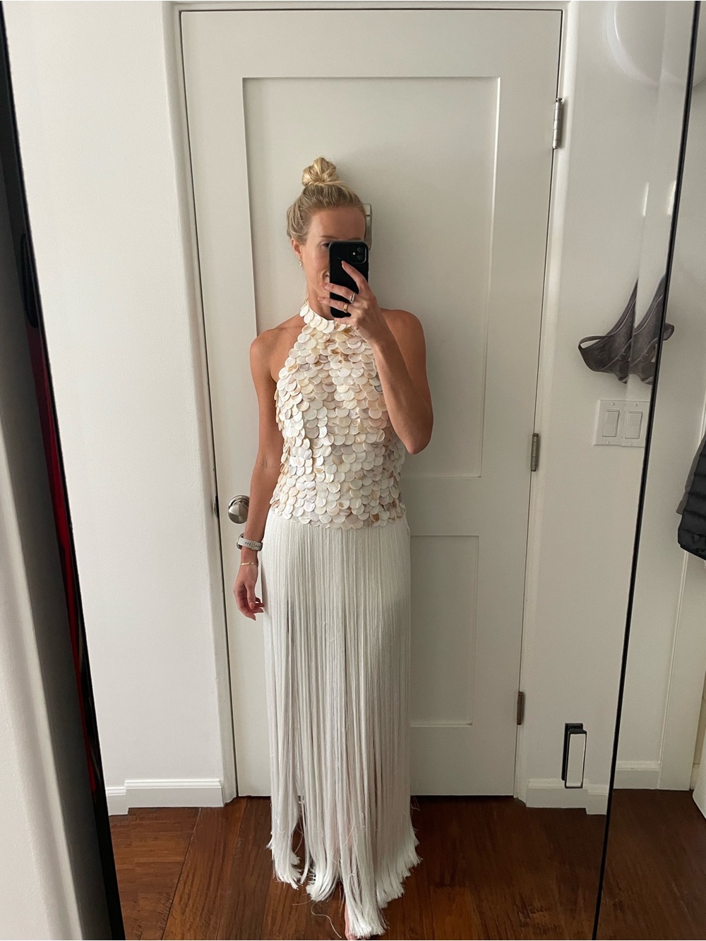 White Fringe Shell Halter Maxi Dress